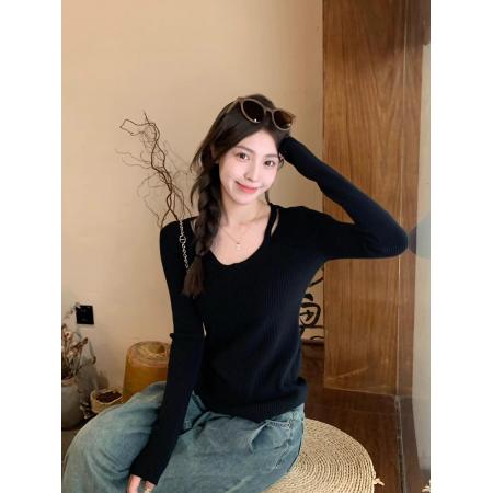 FA53451# 韩系纯欲别致低领内搭打底衫女春秋心机镂空修身毛衣T恤针织上衣 服裝批發女裝批發服飾貨源