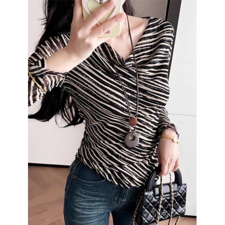 FA53457# 法式时尚百搭显瘦条纹长袖T恤女秋季新款设计感小众打底上衣 服裝批發女裝批發服飾貨源