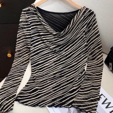 FA53457# 法式时尚百搭显瘦条纹长袖T恤女秋季新款设计感小众打底上衣 服裝批發女裝批發服飾貨源