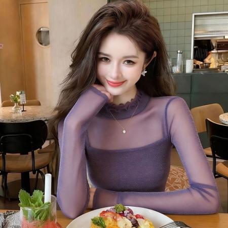 FA53458# 木耳领打底衫女长袖春秋内搭洋气小衫亮丝网纱T恤性感微透上衣薄 服裝批發女裝批發服飾貨源