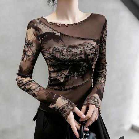 FA53460# 一字领复古印花网纱拼接打底衫女春秋季新款女装时髦长袖上衣 服裝批發女裝批發服飾貨源