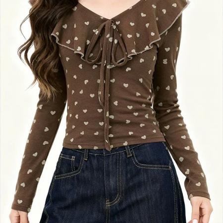 FA53461# 韩版新款温柔淑女T恤波点系带早春修身长袖秋冬上衣设计显瘦 服裝批發女裝批發服飾貨源