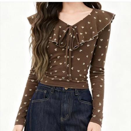 FA53461# 韩版新款温柔淑女T恤波点系带早春修身长袖秋冬上衣设计显瘦 服裝批發女裝批發服飾貨源