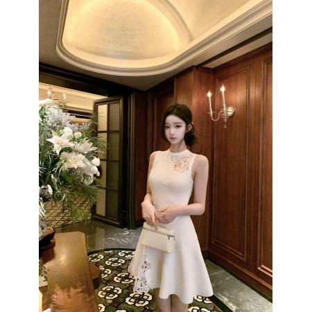 FA53463# Hotdog热狗很辣雪落蔷薇白色蕾丝镂空设计感无袖连衣裙短裙 服裝批發女裝批發服飾貨源