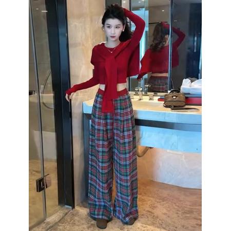 FA53466# 氛围感修身长袖T恤红色披肩女格子阔腿裤三件套2026春季新年穿搭 服裝批發女裝批發服飾貨源