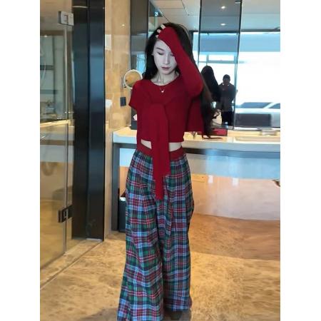 FA53466# 氛围感修身长袖T恤红色披肩女格子阔腿裤三件套2026春季新年穿搭 服裝批發女裝批發服飾貨源