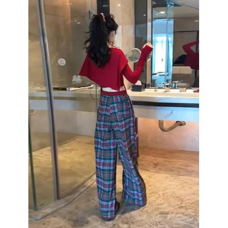 FA53466# 氛围感修身长袖T恤红色披肩女格子阔腿裤三件套2026春季新年穿搭 服裝批發女裝批發服飾貨源