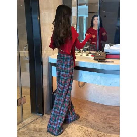 FA53466# 氛围感修身长袖T恤红色披肩女格子阔腿裤三件套2026春季新年穿搭 服裝批發女裝批發服飾貨源