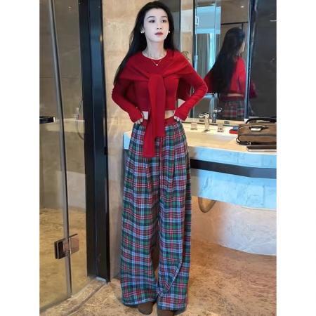 FA53466# 氛围感修身长袖T恤红色披肩女格子阔腿裤三件套2026春季新年穿搭 服裝批發女裝批發服飾貨源