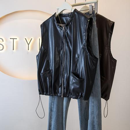 FA53468# 大码款女装新款韩系高级感百搭抽绳阔版机车马夹背心外套马甲 服裝批發女裝批發服飾貨源