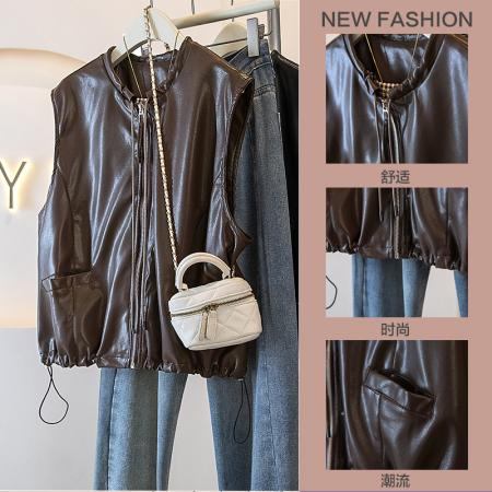 FA53468# 大码款女装新款韩系高级感百搭抽绳阔版机车马夹背心外套马甲 服裝批發女裝批發服飾貨源