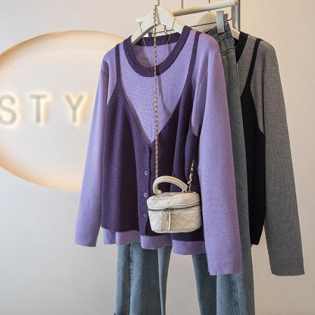 FA53469# 大码女装新款冬季韩版时尚高级假两件拼接宽松百搭针织上衣 服裝批發女裝批發服飾貨源