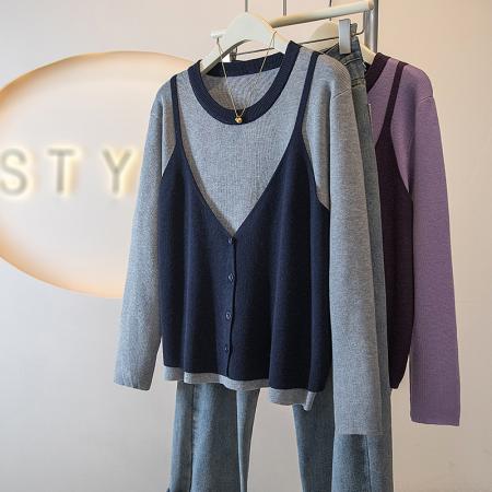 FA53469# 大码女装新款冬季韩版时尚高级假两件拼接宽松百搭针织上衣 服裝批發女裝批發服飾貨源