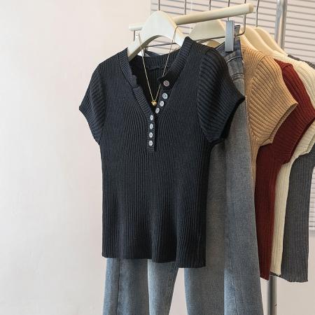 FA53470# 大码女装早春新款韩版胖MM高级感潮流设计感显瘦修身针织上衣 服裝批發女裝批發服飾貨源