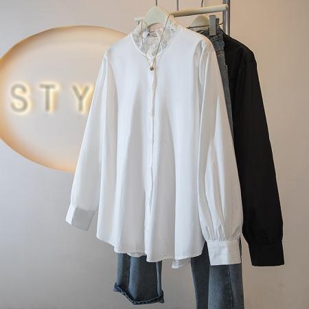 FA53471# 大码女装新款韩版高级感荷叶边长袖蕾丝拼接宽松显瘦衬衫上衣 服裝批發女裝批發服飾貨源