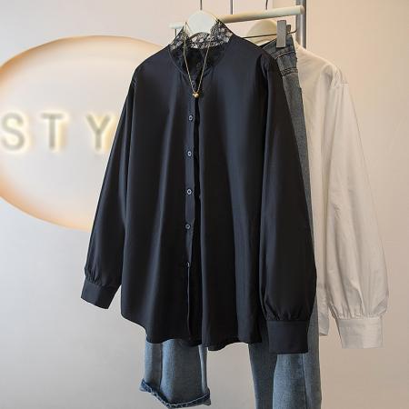 FA53471# 大码女装新款韩版高级感荷叶边长袖蕾丝拼接宽松显瘦衬衫上衣 服裝批發女裝批發服飾貨源