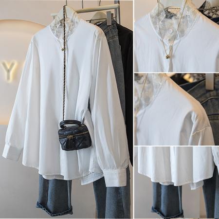 FA53471# 大码女装新款韩版高级感荷叶边长袖蕾丝拼接宽松显瘦衬衫上衣 服裝批發女裝批發服飾貨源