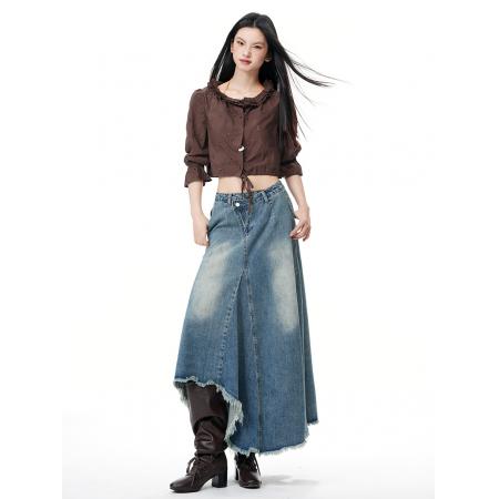 FA53472# 大码女装韩式复古不规则设计感牛仔半身裙女新款做旧a字长裙 服裝批發女裝批發服飾貨源