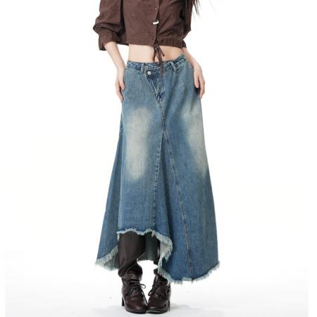 FA53472# 大码女装韩式复古不规则设计感牛仔半身裙女新款做旧a字长裙 服裝批發女裝批發服飾貨源