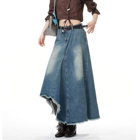 FA53472# 大码女装韩式复古不规则设计感牛仔半身裙女新款做旧a字长裙 服裝批發女裝批發服飾貨源