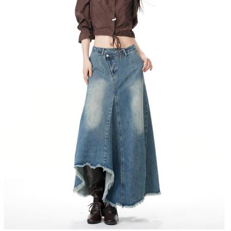 FA53472# 大码女装韩式复古不规则设计感牛仔半身裙女新款做旧a字长裙 服裝批發女裝批發服飾貨源