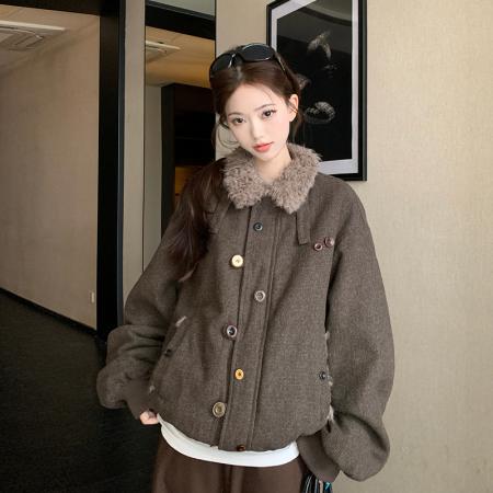 FA53474# 仿羊羔毛翻领厚外套女生冬季保暖棉衣男美式复古棉服休闲上衣