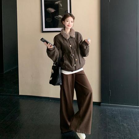 FA53474# 仿羊羔毛翻领厚外套女生冬季保暖棉衣男美式复古棉服休闲上衣