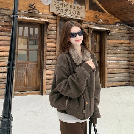 FA53474# 仿羊羔毛翻领厚外套女生冬季保暖棉衣男美式复古棉服休闲上衣