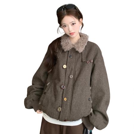 FA53474# 仿羊羔毛翻领厚外套女生冬季保暖棉衣男美式复古棉服休闲上衣