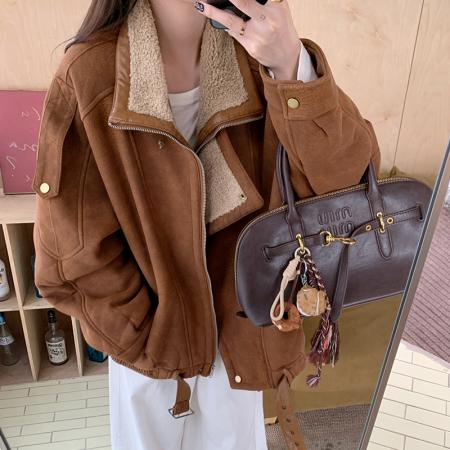 FA53475# 冬季新款高级感羊羔毛皮毛一体厚外套女士机车皮夹克上衣