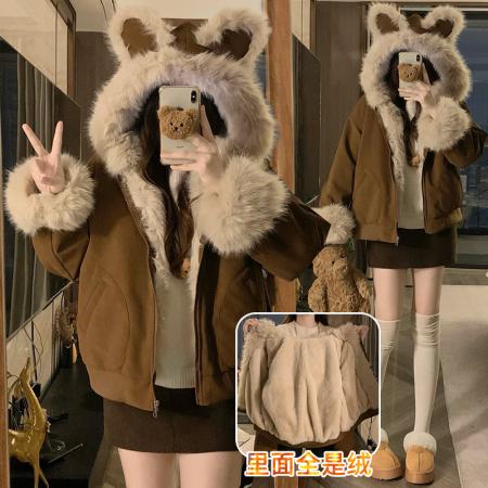 FA53476# 加厚保暖小熊耳朵麂皮绒座山雕棉服女新款冬加绒加厚外套