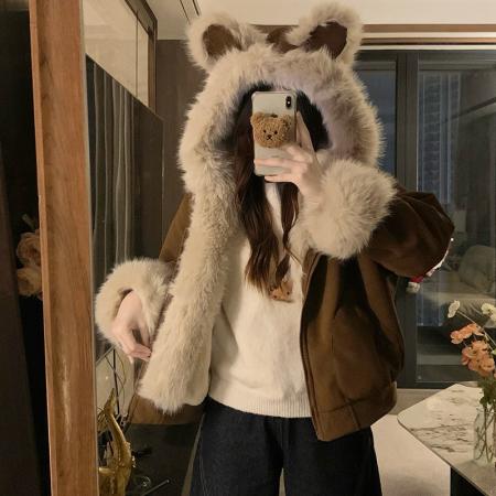 FA53476# 加厚保暖小熊耳朵麂皮绒座山雕棉服女新款冬加绒加厚外套