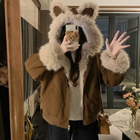 FA53476# 加厚保暖小熊耳朵麂皮绒座山雕棉服女新款冬加绒加厚外套