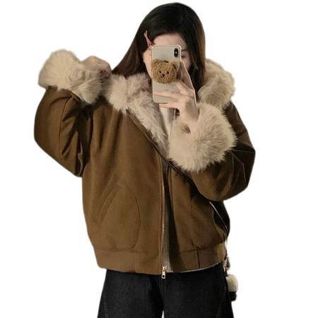 FA53476# 加厚保暖小熊耳朵麂皮绒座山雕棉服女新款冬加绒加厚外套