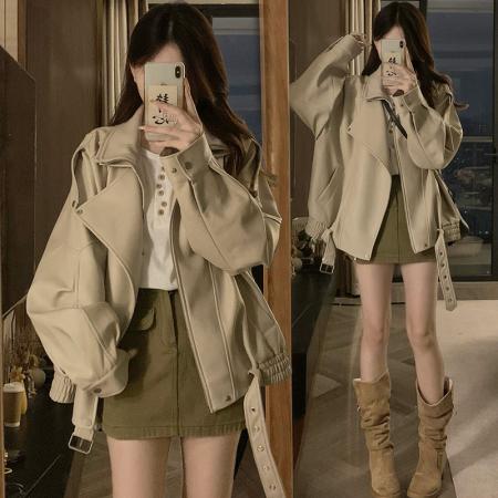 FA53477# 秋冬复古重工PU皮衣外套女机车服廓形双层领夹克情侣款上衣