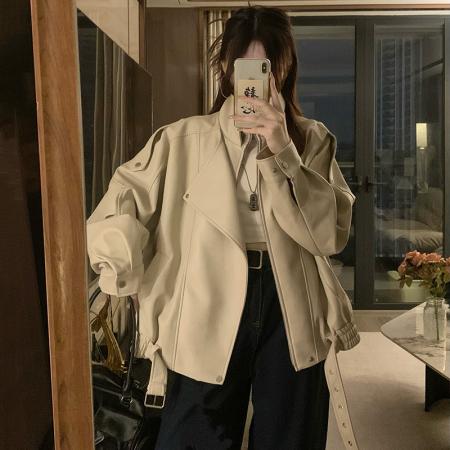 FA53477# 秋冬复古重工PU皮衣外套女机车服廓形双层领夹克情侣款上衣