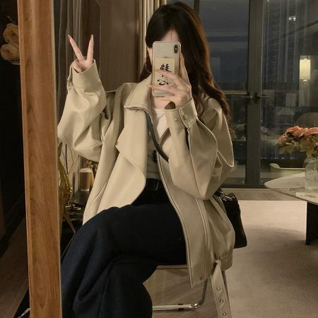 FA53477# 秋冬复古重工PU皮衣外套女机车服廓形双层领夹克情侣款上衣