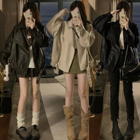 FA53477# 秋冬复古重工PU皮衣外套女机车服廓形双层领夹克情侣款上衣