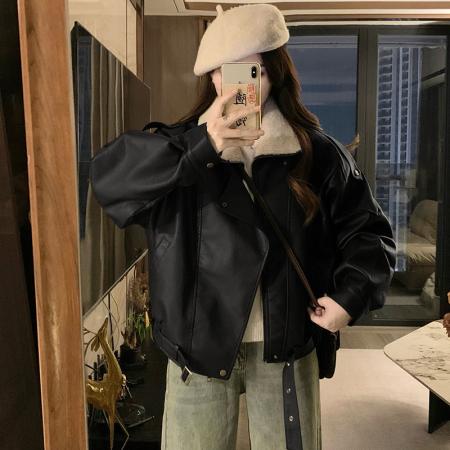 FA53478# 加绒保暖皮衣女冬季新款港风百搭拉链翻领长袖皮衣外套女