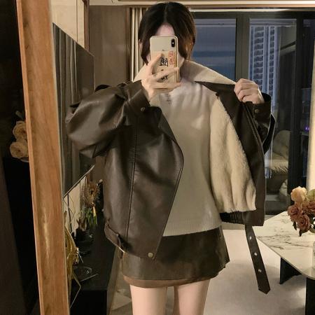 FA53478# 加绒保暖皮衣女冬季新款港风百搭拉链翻领长袖皮衣外套女