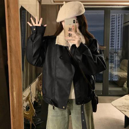 FA53478# 加绒保暖皮衣女冬季新款港风百搭拉链翻领长袖皮衣外套女