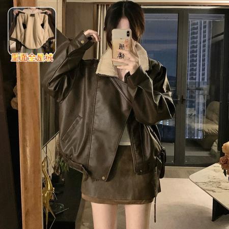 FA53479# 棕色PU皮衣羊羔毛外套女冬季新款保暖加厚加绒机车服棉服