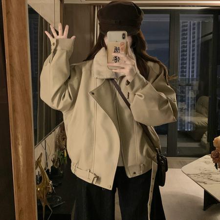 FA53479# 棕色PU皮衣羊羔毛外套女冬季新款保暖加厚加绒机车服棉服