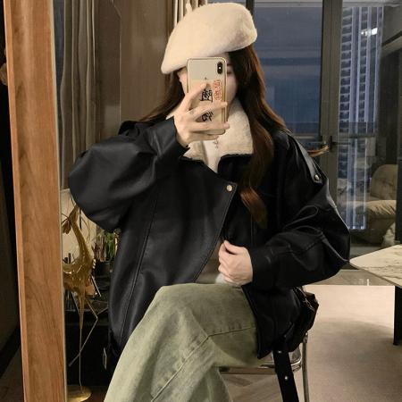 FA53479# 棕色PU皮衣羊羔毛外套女冬季新款保暖加厚加绒机车服棉服