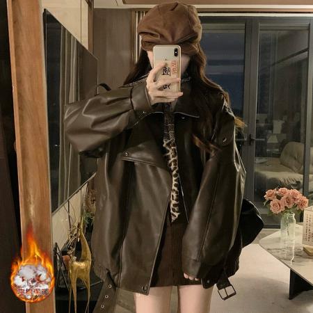 FA53480# 夹棉皮衣外套女冬季新款咖色酷飒风pu机车美式皮夹克
