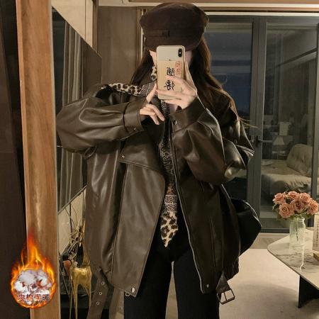 FA53480# 夹棉皮衣外套女冬季新款咖色酷飒风pu机车美式皮夹克