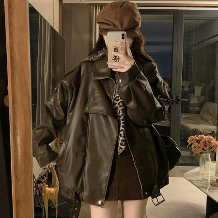 FA53480# 夹棉皮衣外套女冬季新款咖色酷飒风pu机车美式皮夹克