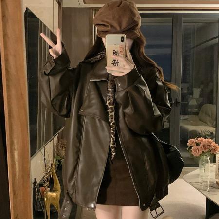 FA53480# 夹棉皮衣外套女冬季新款咖色酷飒风pu机车美式皮夹克