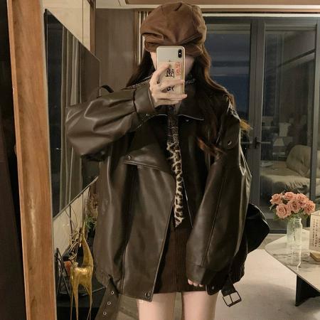 FA53480# 夹棉皮衣外套女冬季新款咖色酷飒风pu机车美式皮夹克