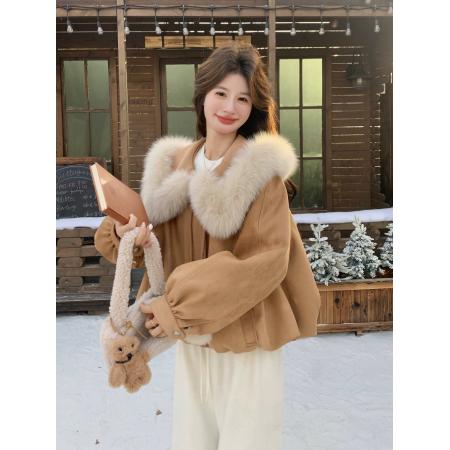 FA53481# 棕色气质轻奢大毛领夹克棉服女冬季新款短款甜美减龄